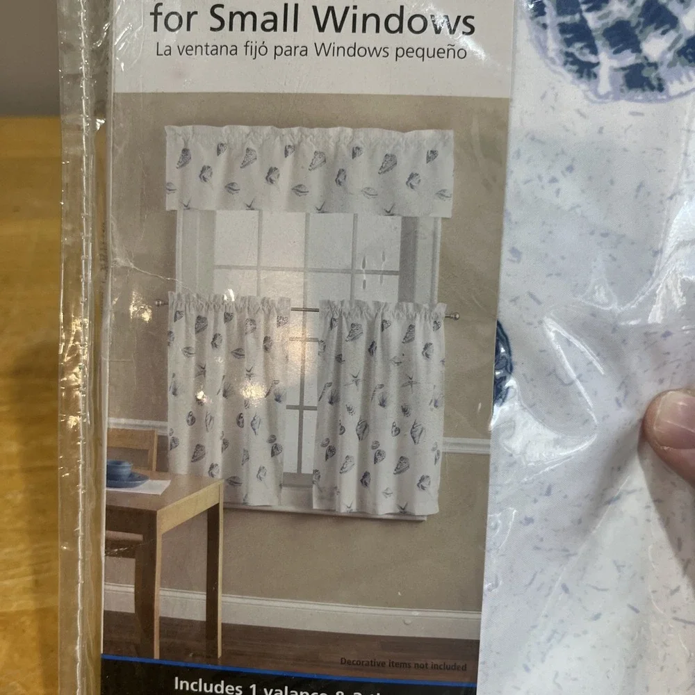 Vtg Mainstays Seashell Toss Window Set 3‎ Piece Blue Nautical Beach